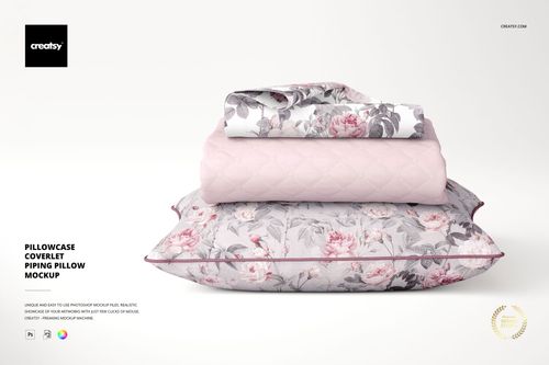 Front view of a PSD mockup featuring a floral pillowcase, quilted coverlet, and piping pillow in pastel colors.