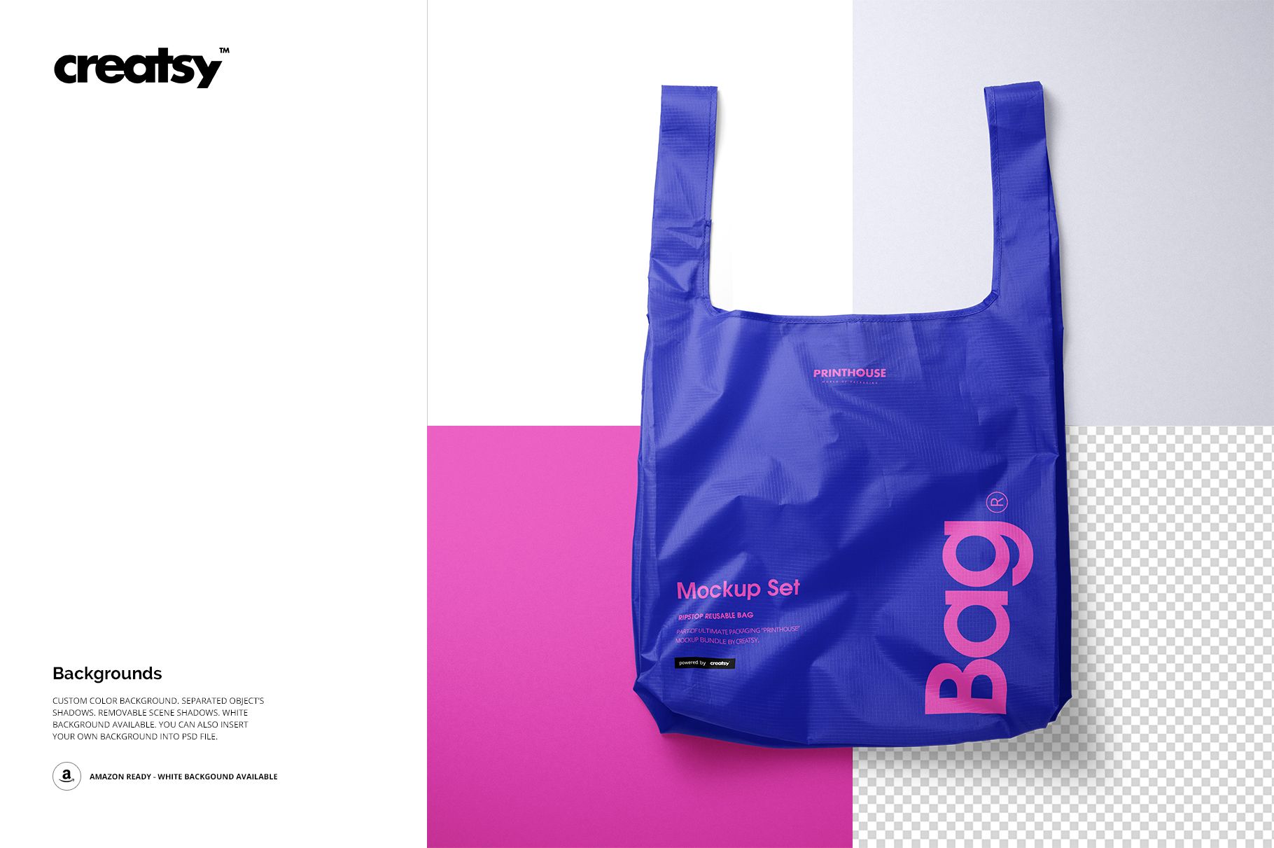 PSD mockup of a ripstop reusable bag in blue with pink accents, hanging on a minimalist geometric backdrop.