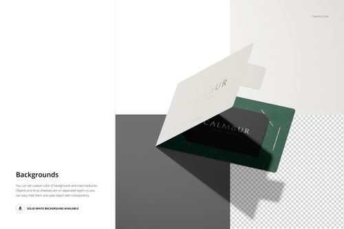 Gift card holder mockup set featuring an open card holder with a dark green base and white card on a split background.