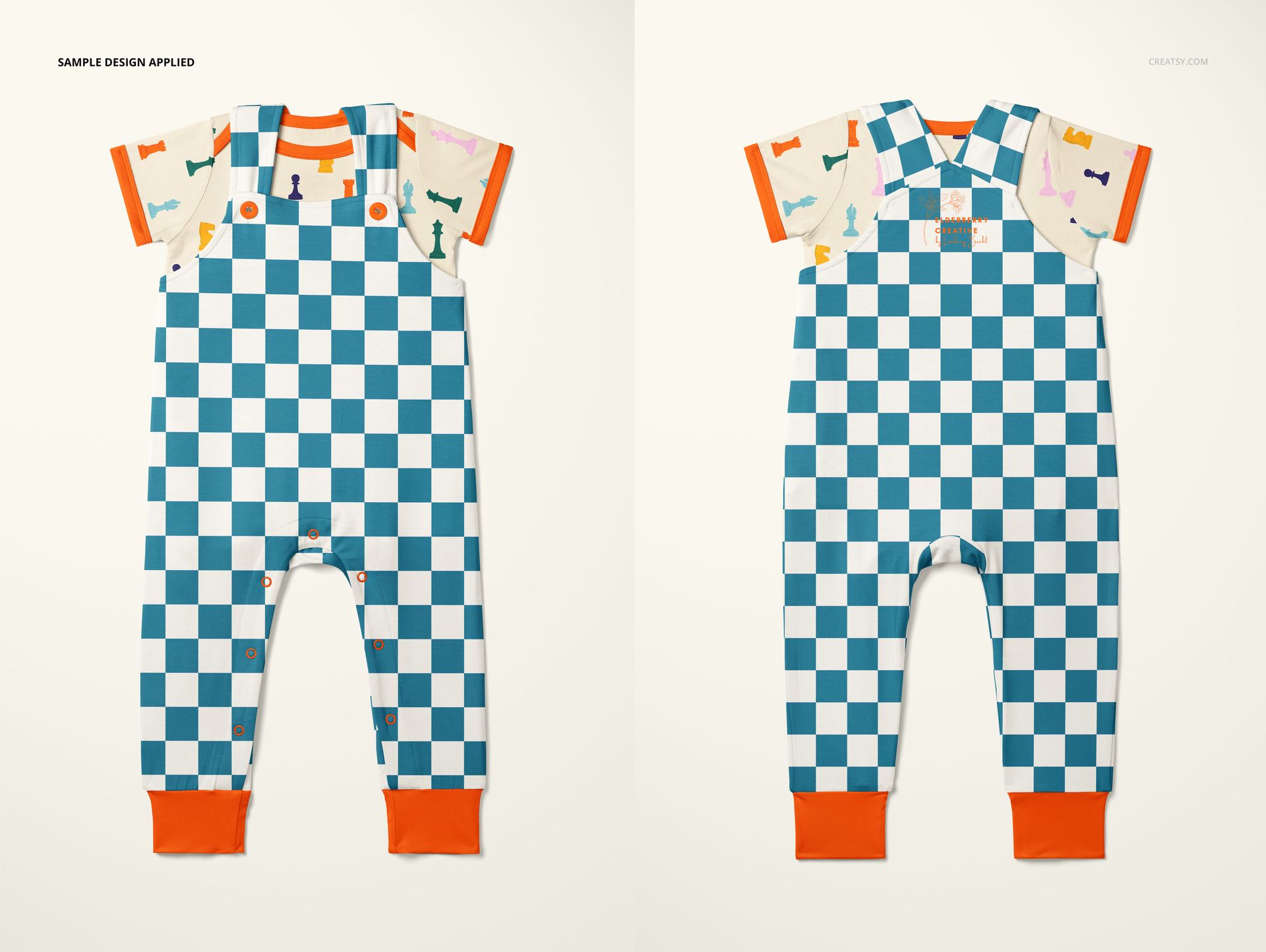 Front and back view of baby bodysuit and overalls mockup with blue checkered pattern and orange cuffs on a light background.