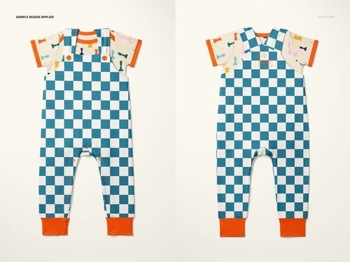 Front and back view of baby bodysuit and overalls mockup with blue checkered pattern and orange cuffs on a light background.