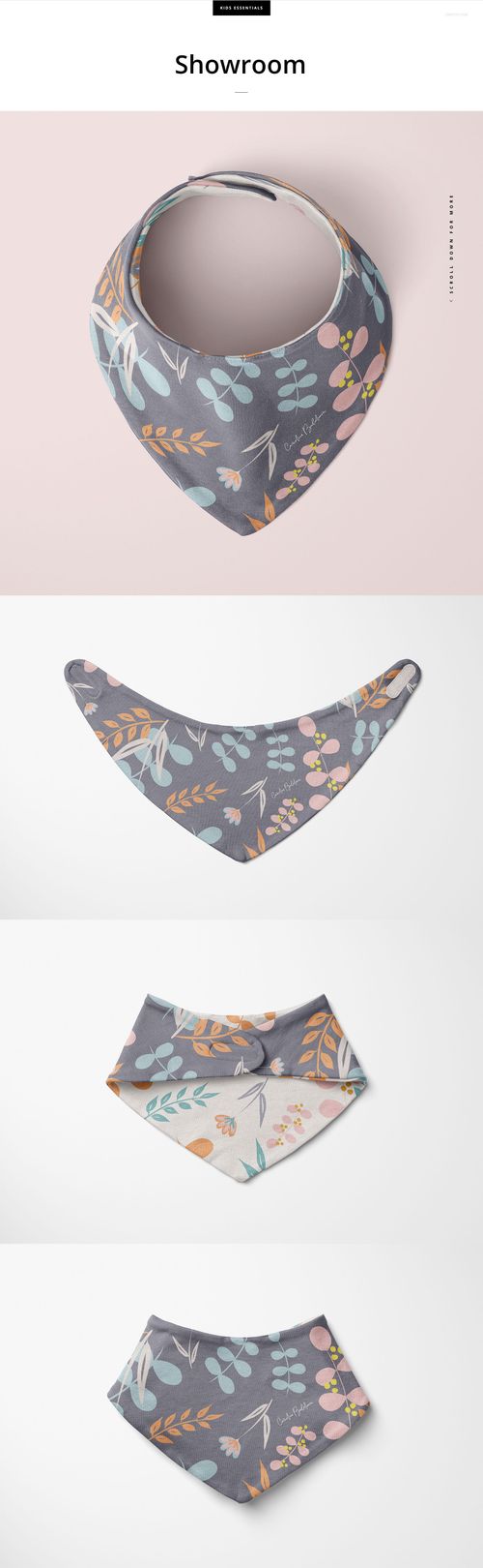 Baby bandana bib mockup set featuring a triangular bib with soft gray background and pastel botanical patterns.