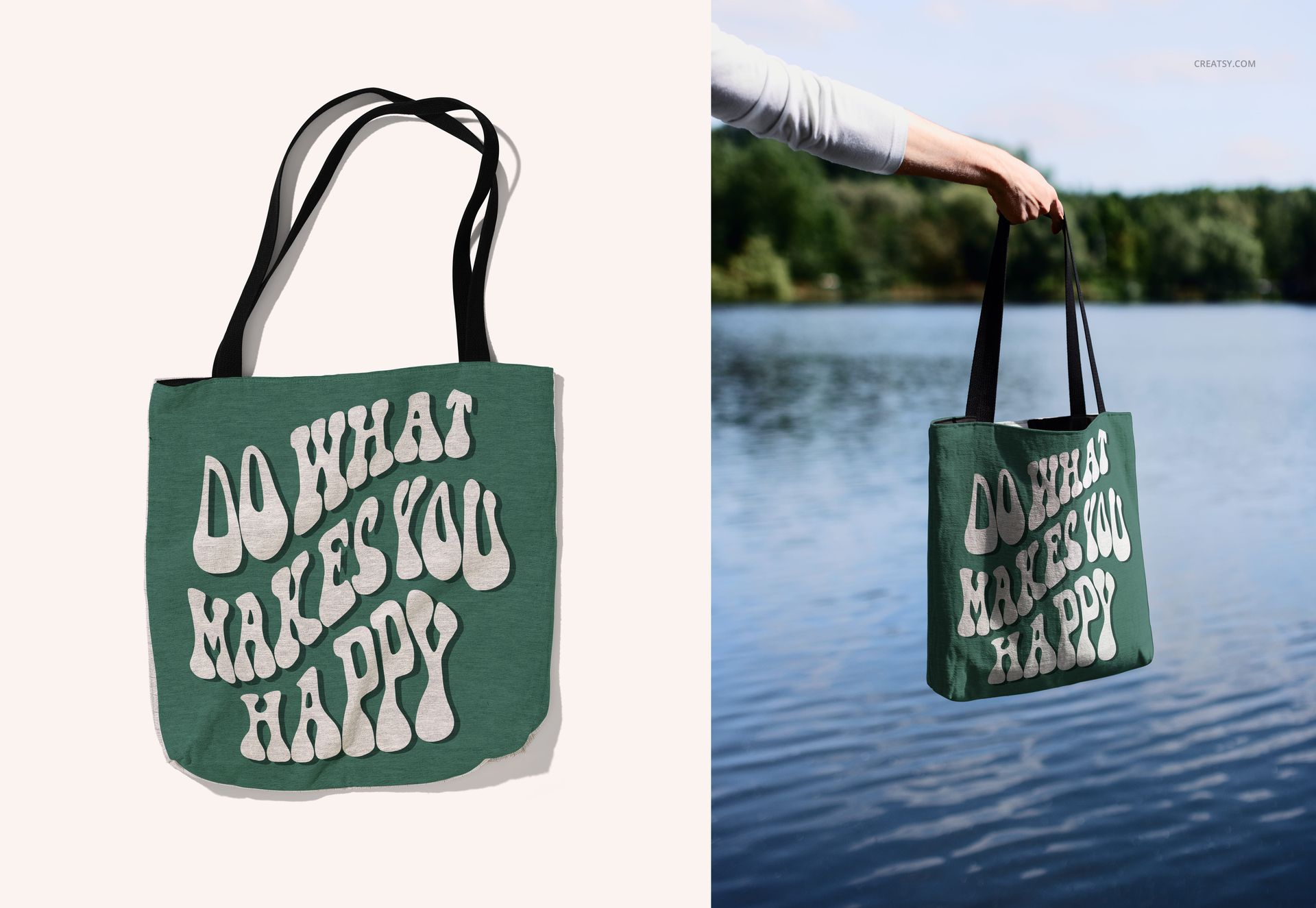 Woven tote bag mockup with black straps and white retro lettering, displayed on pale background and by water.
