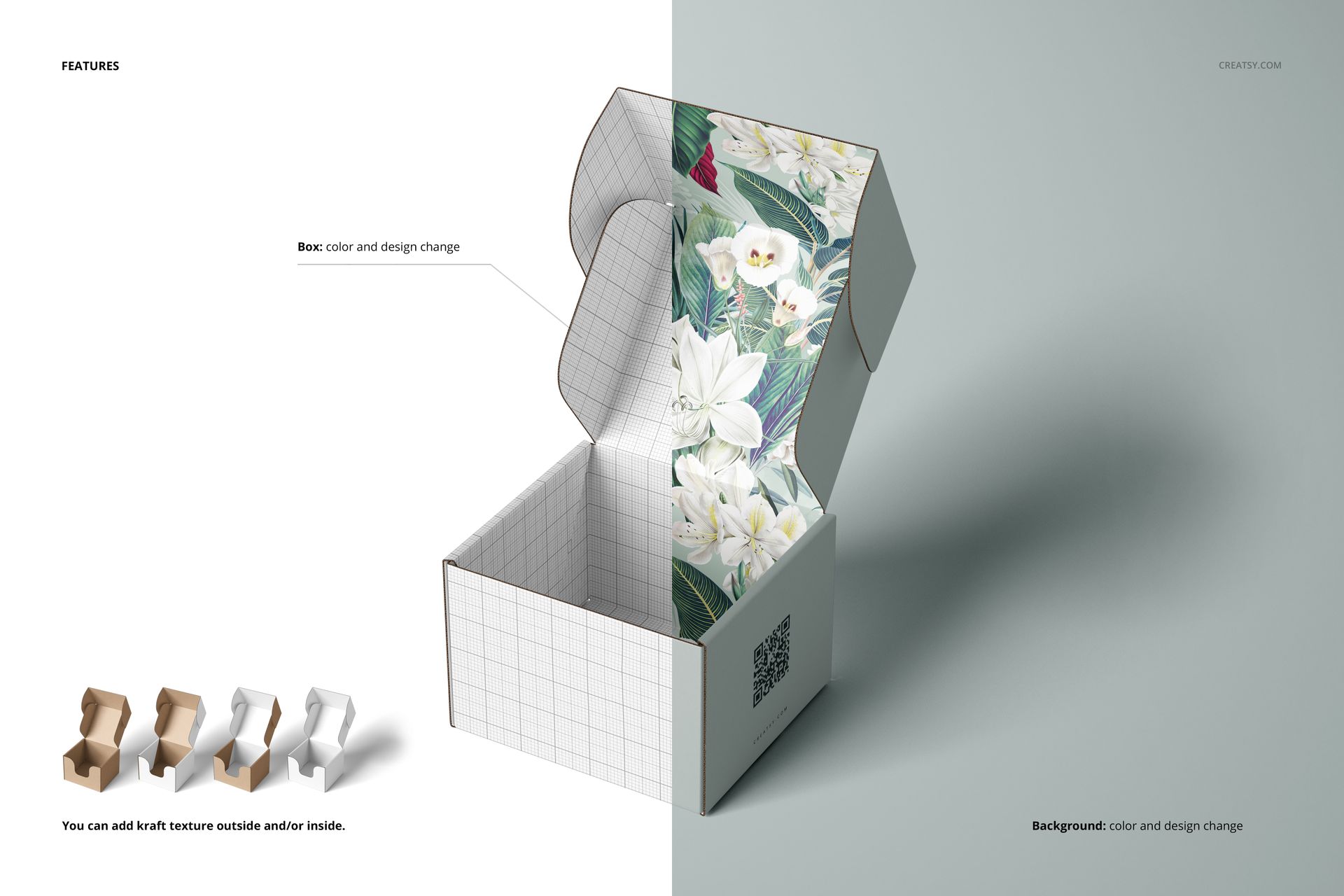 Front view of an open mailer box mockup with a floral design on the inside lid, surrounded by grid lines and color options.