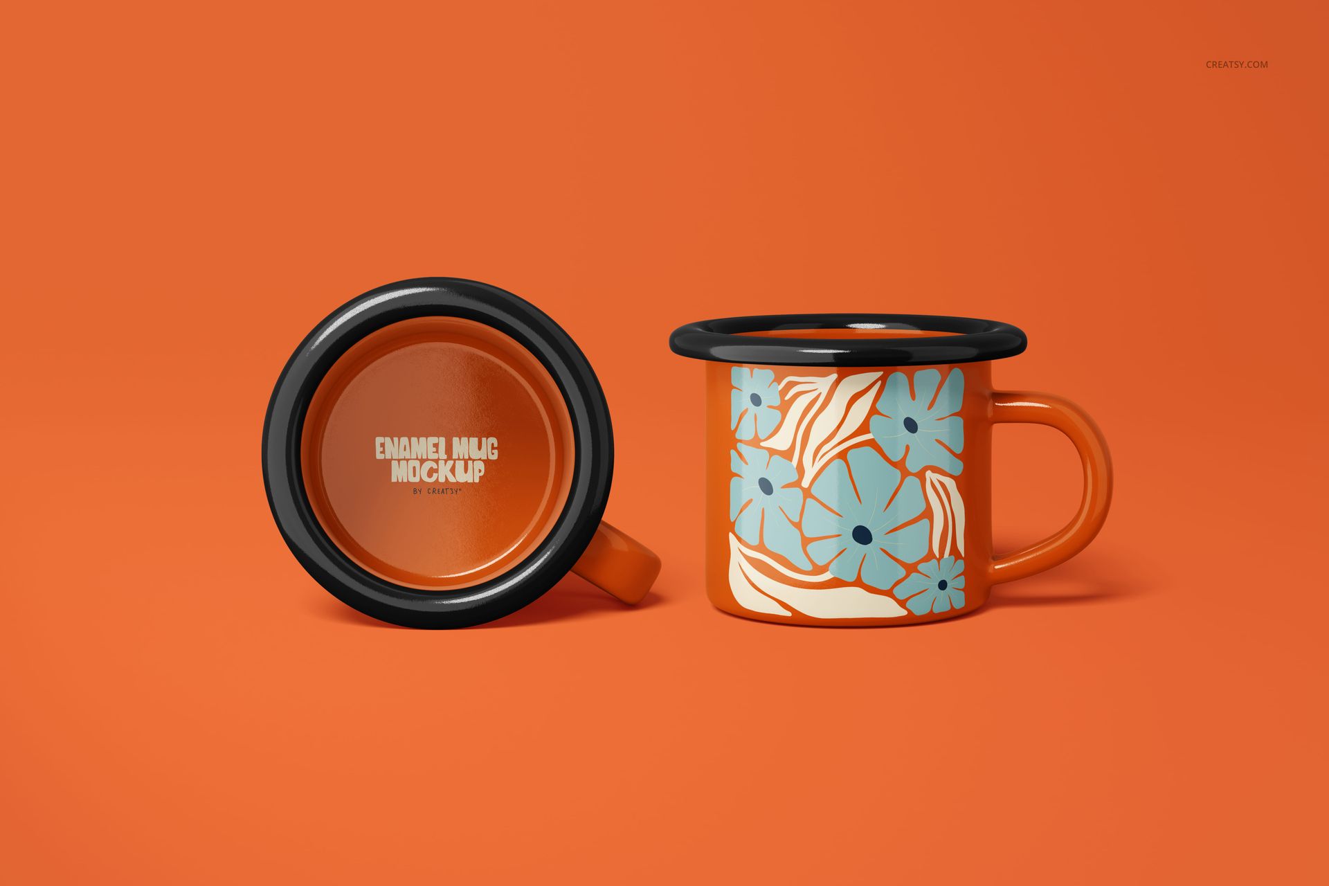 Two enamel mugs displayed on an orange surface, one showing a floral pattern, the other a top view with mockup text.