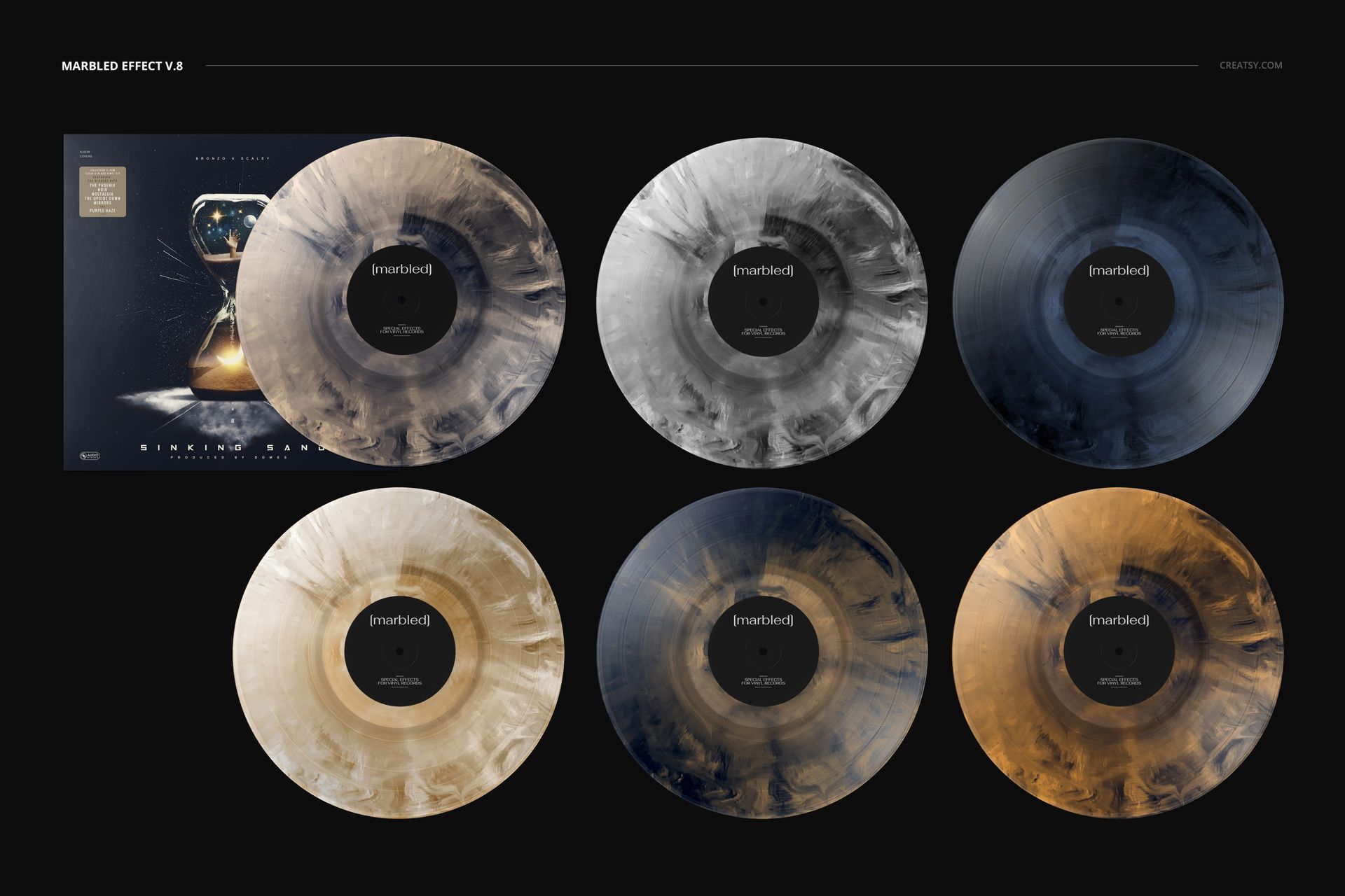 Six marbled vinyl records in various shades of gray, black, and gold displayed in two rows beside a record cover mockup.