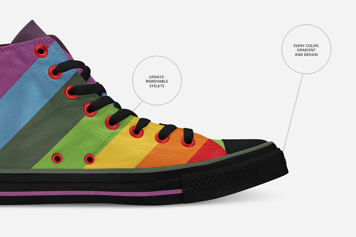 Colorful sneaker mockup featuring diagonal rainbow stripes, black eyelets and laces, displayed from the side.