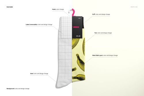 Medium cuff socks mockup with one half showing a blank grid design and the other half featuring yellow banana pattern.