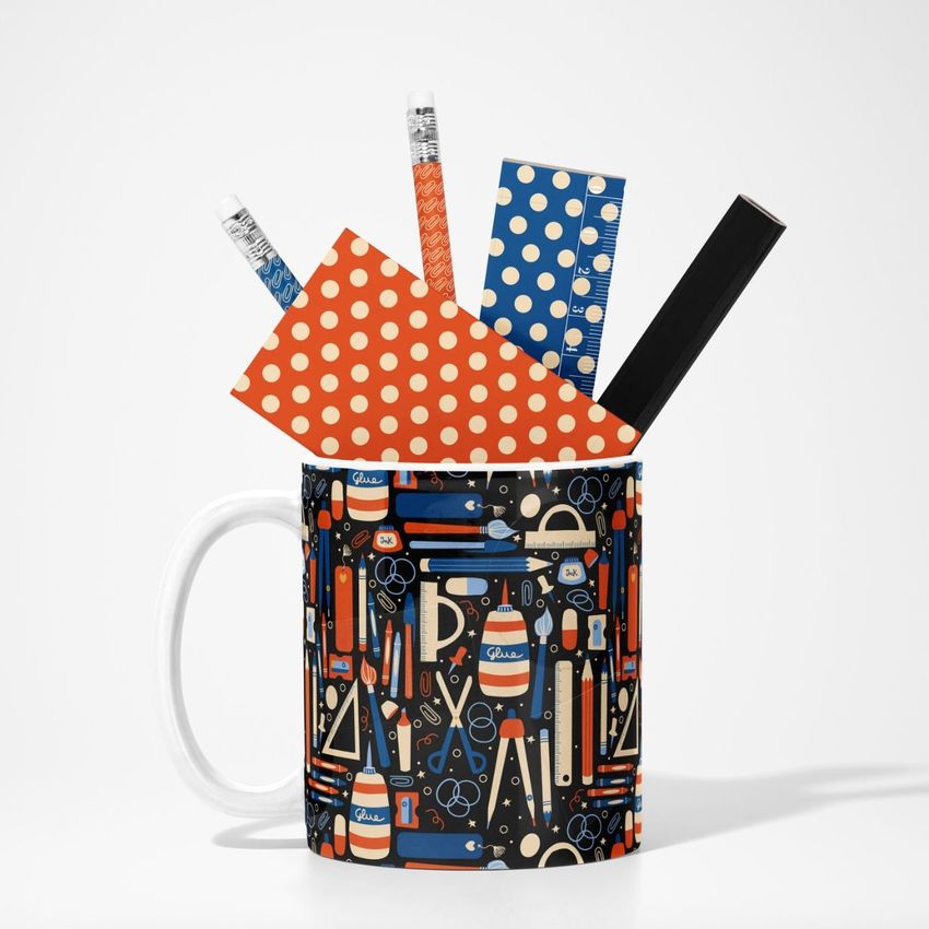 Mug mockup featuring a white mug with a colorful stationery pattern, filled with pencils, a ruler, and polka dot notebooks.