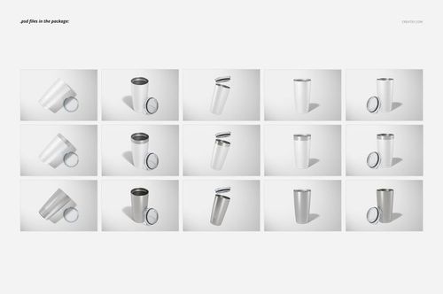 Set of stainless steel tumblers shown from various angles, including front, side, and tilted views, with detachable lids.