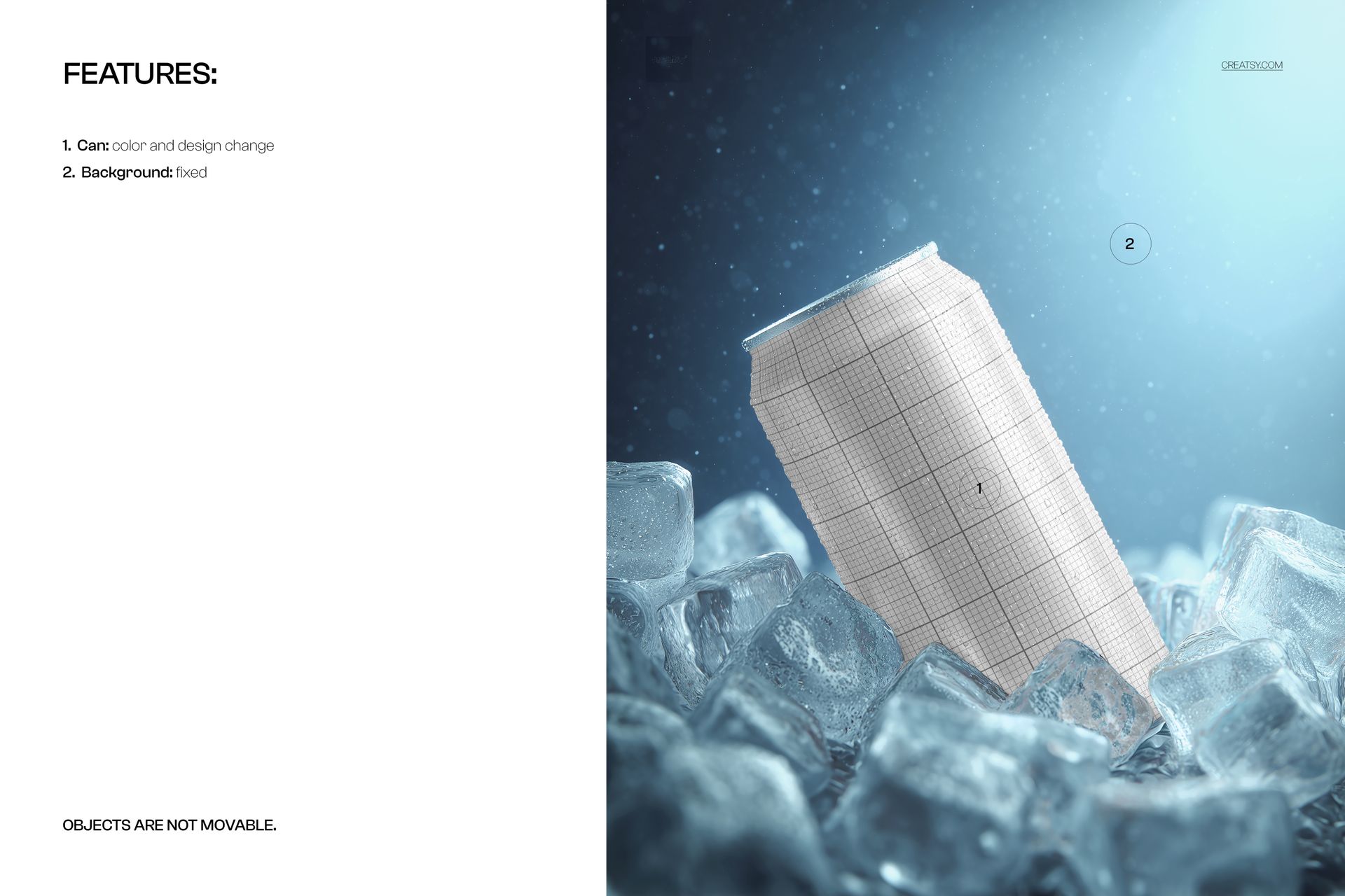 Aluminum can mockup with grid pattern displayed among transparent ice cubes, angled side view, cool blue tones.