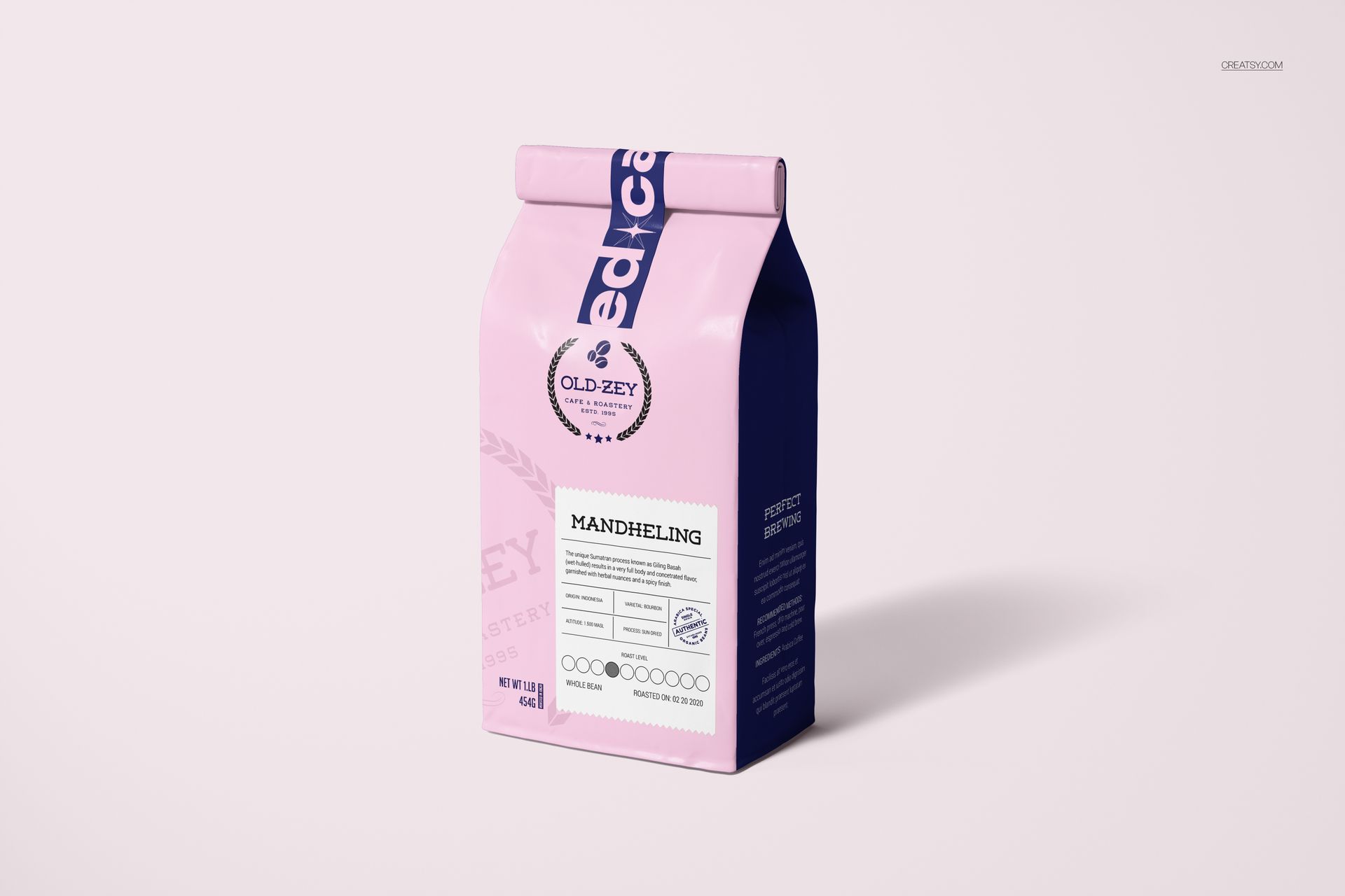 Front view of a pink and purple narrow duct tape mockup wrapped around a rectangular packaging bag on a light background.