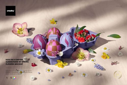 Eggs in a Carton Surrounded by Spring Flowers Mockup - mockup preview 1