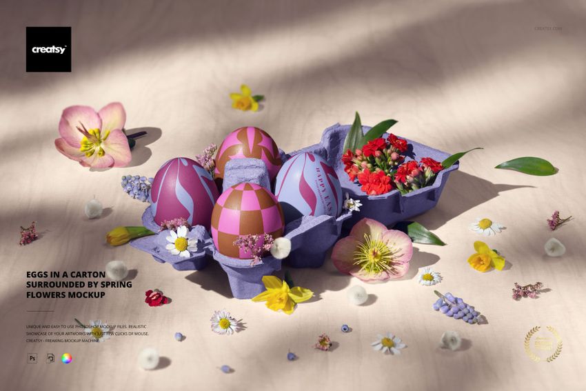 PSD mockup featuring a top view of pastel eggs in a carton, surrounded by vibrant spring flowers and petals.