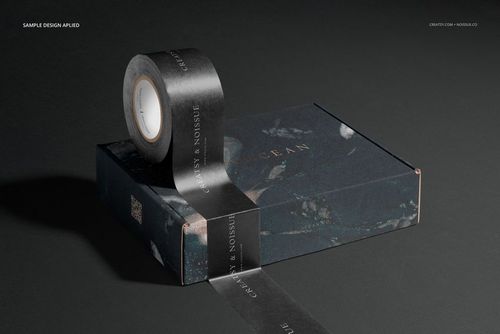 Noissue mailing box mockup featuring a dark, textured design and black branded tape, displayed on a black background.