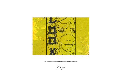 Front view of a vinyl record and cover mockup featuring a yellow abstract design with a sketched face and geometric lines.