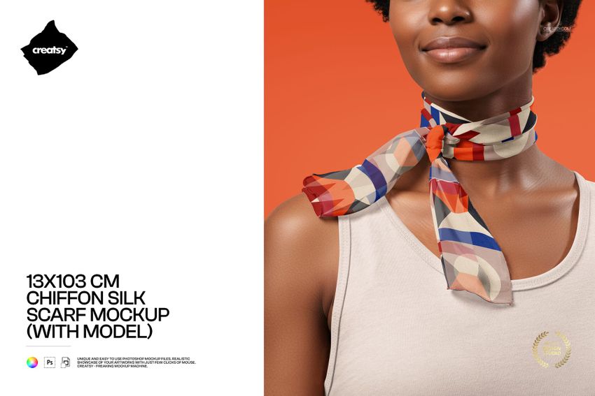 Front view of a model wearing a 13x103 cm chiffon silk scarf with a colorful geometric pattern on an orange background.