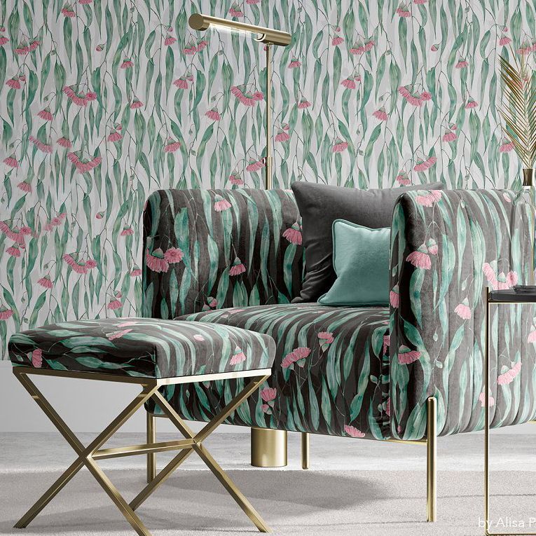 Velvet armchair and stool mockup featuring a green and pink floral pattern, set against a matching patterned wallpaper background.