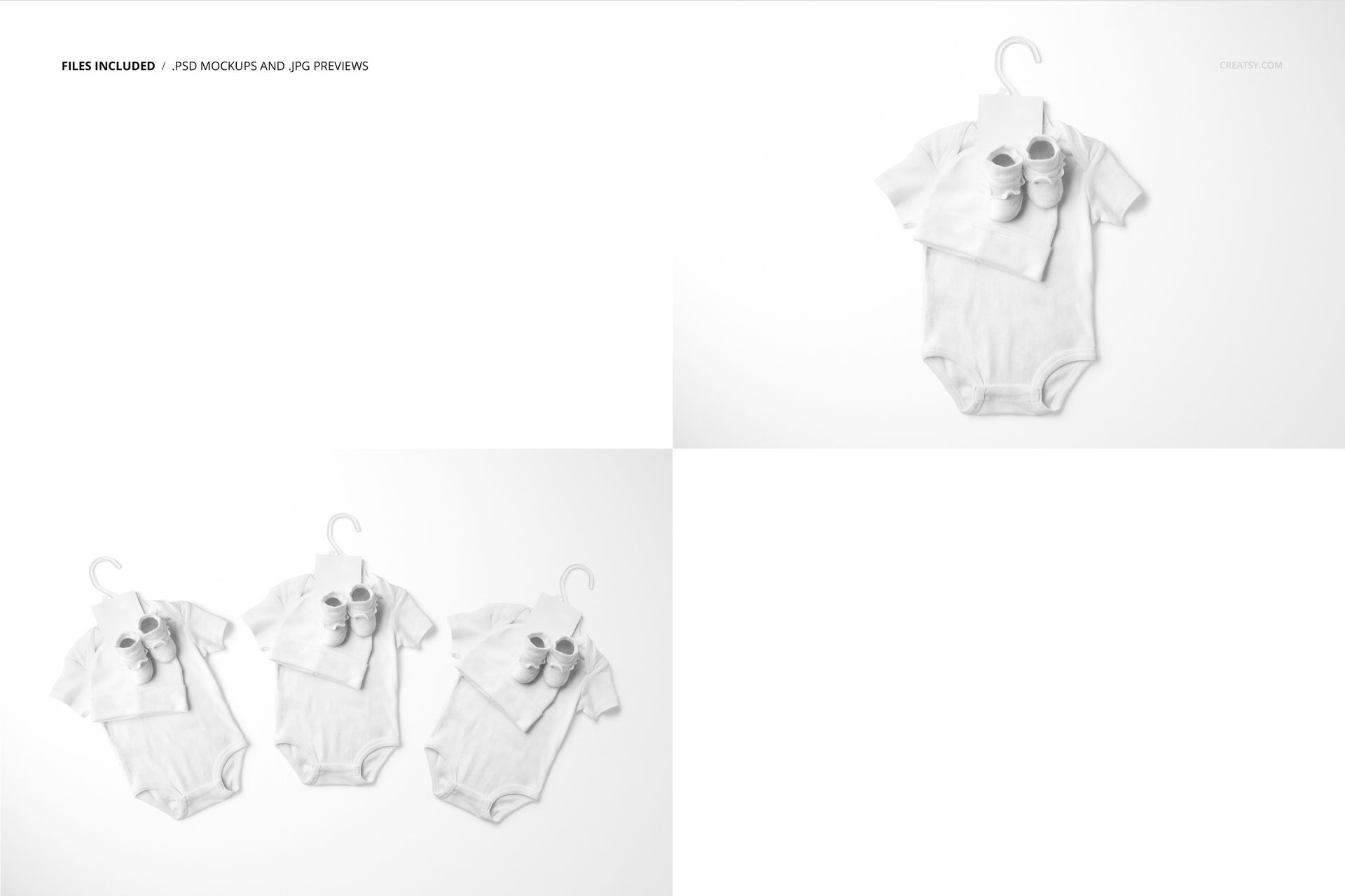 White baby onesie with matching booties displayed on a hanger, shown in a clean, minimal front view mockup scene.