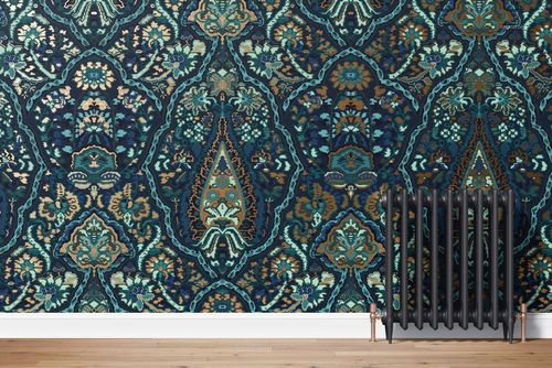 PSD mockup showing a richly detailed blue and teal wallpaper with floral motifs, set above a wooden floor and radiator.