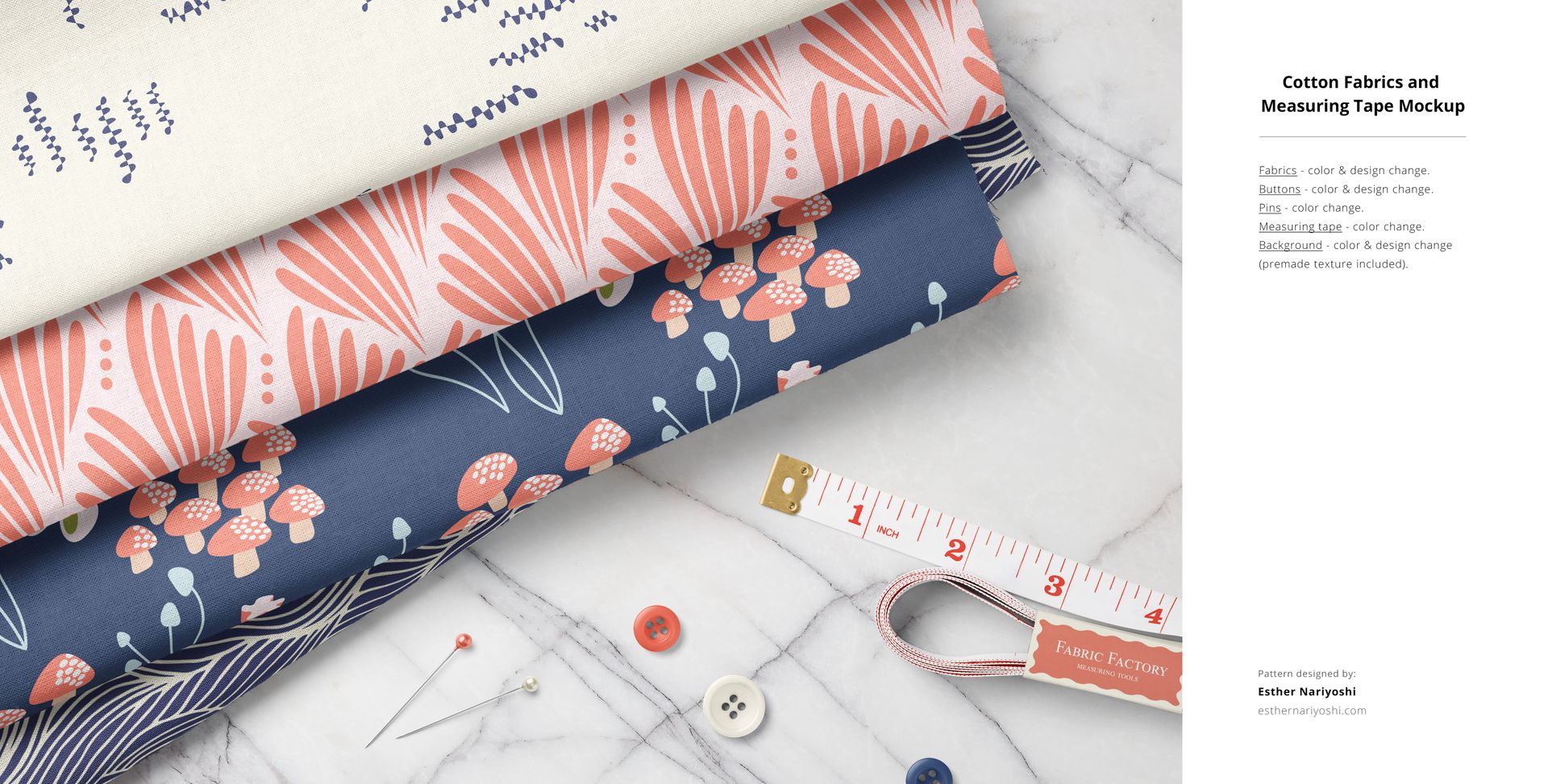 Cotton fabric mockup featuring folded textiles in floral and geometric designs, shown with pins, buttons, and a measuring tape.