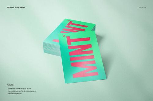 PSD mockup of rectangular stickers in mint green and pink, arranged in overlapping stacks on a smooth light green surface.