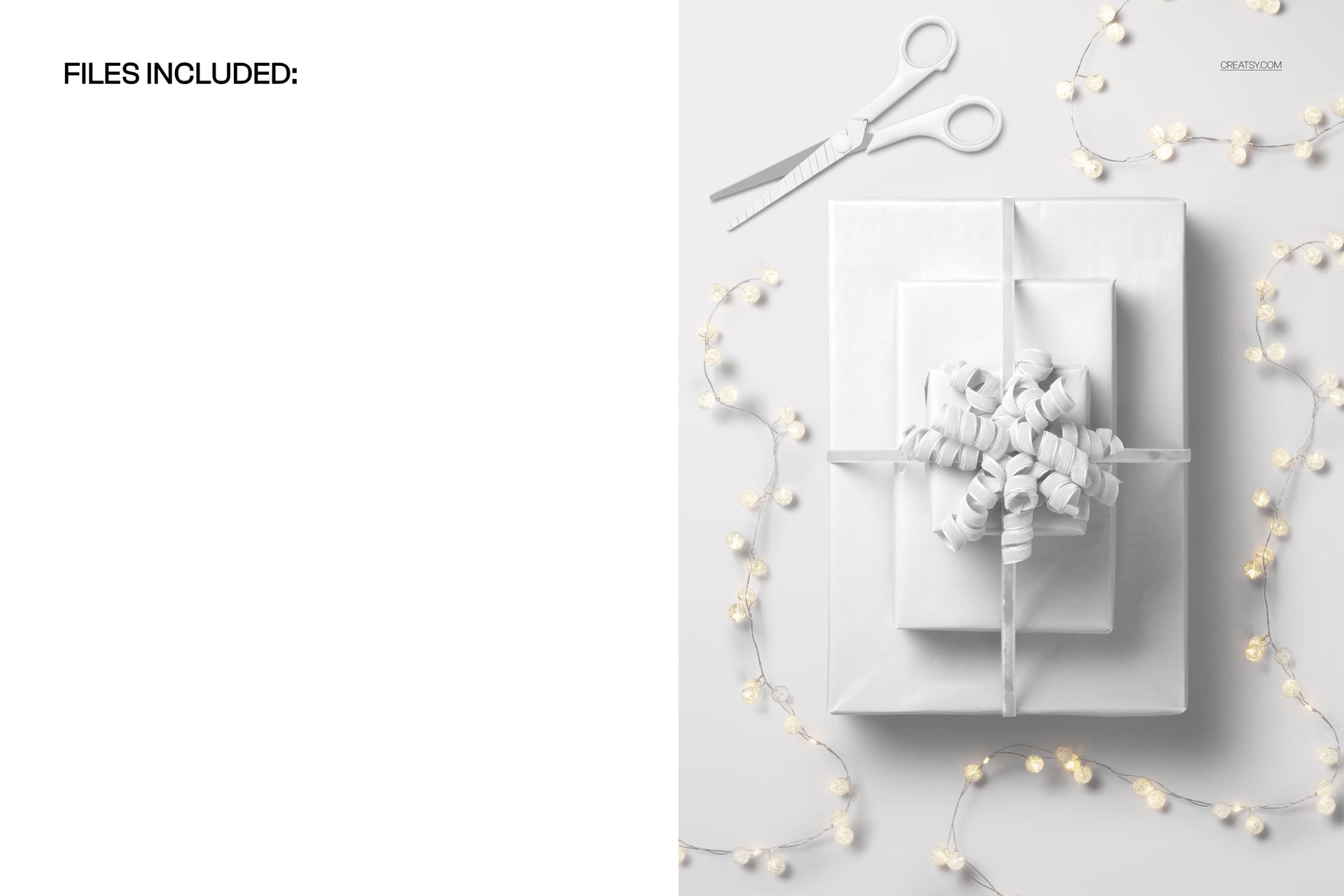 Christmas gifts mockup featuring stacked white boxes with curled ribbon, festive lights, and scissors arranged nearby.
