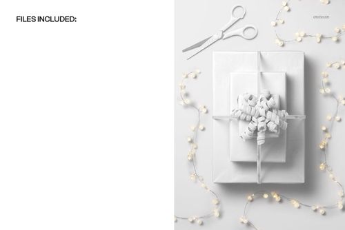 Christmas gifts mockup featuring stacked white boxes with curled ribbon, festive lights, and scissors arranged nearby.