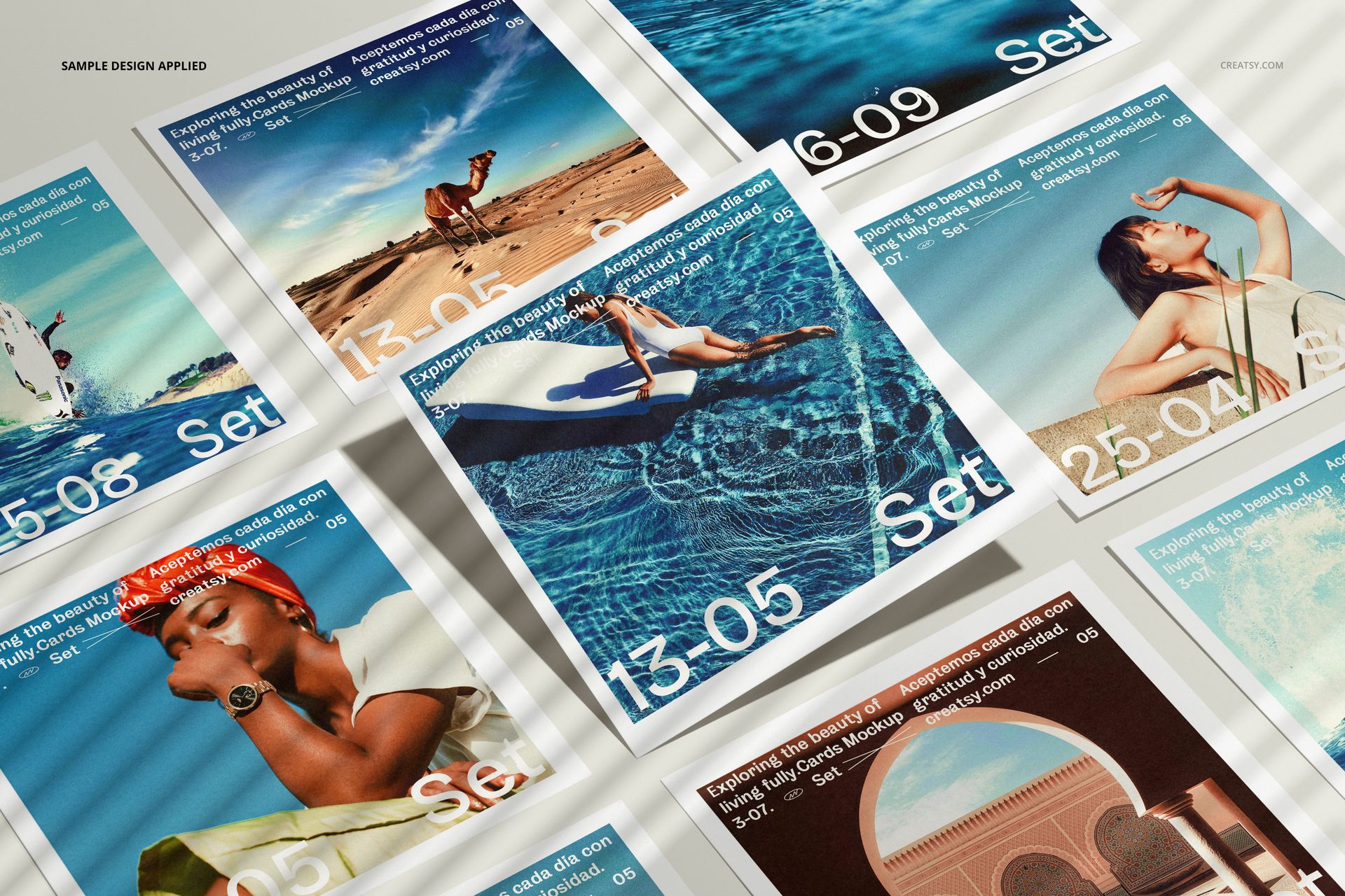 Square photo prints mockup set arranged in a grid, featuring various colorful travel and lifestyle images.