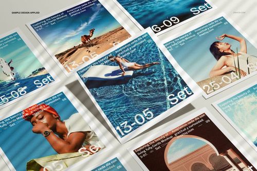 Square photo prints mockup set arranged in a grid, featuring various colorful travel and lifestyle images.