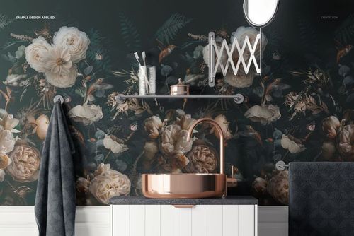 Bathroom wallpaper mockup featuring a dark floral pattern, copper sink, white cabinet, and wall-mounted mirror.