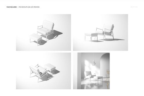 Lounge chair and ottoman set mockup shown in four views, featuring white furniture in a minimalist setting.