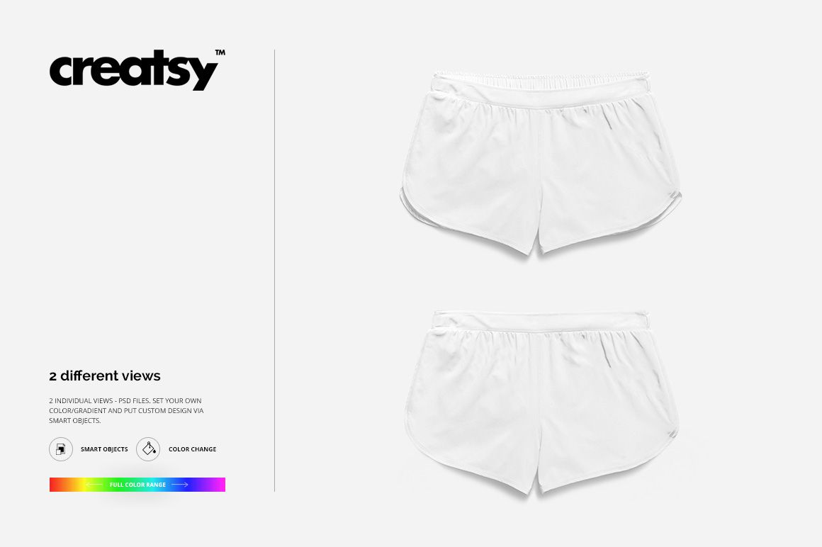 PSD mockup featuring two perspectives of women's shorts in solid white, laid flat on a neutral background.