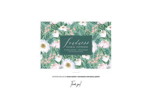 Jersey fabric mockup with a green background, featuring white and pink floral patterns, shown from a front view.