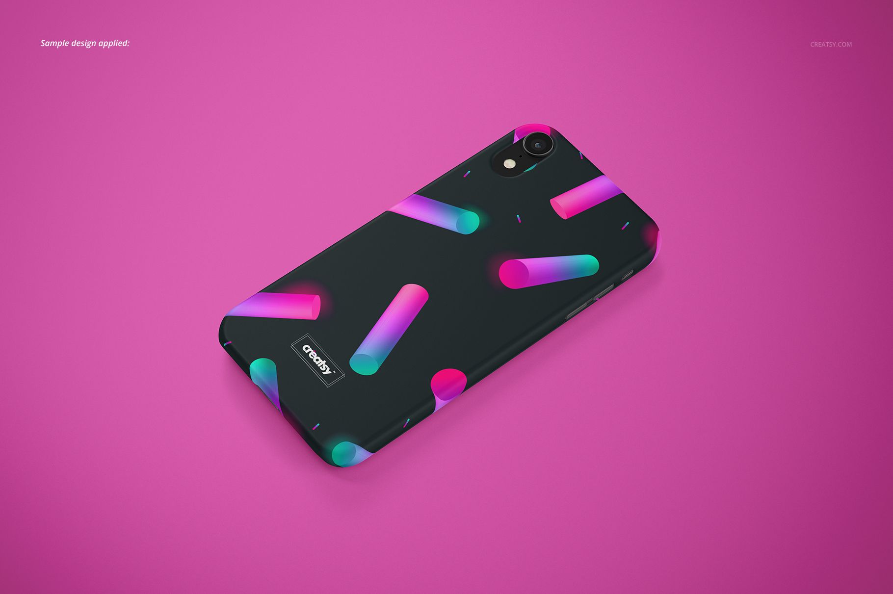 Matte iPhone XR snap case mockup with neon pink and blue tube pattern, shown in angled top view on pink background.
