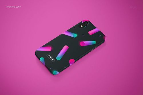 Matte iPhone XR snap case mockup with neon pink and blue tube pattern, shown in angled top view on pink background.