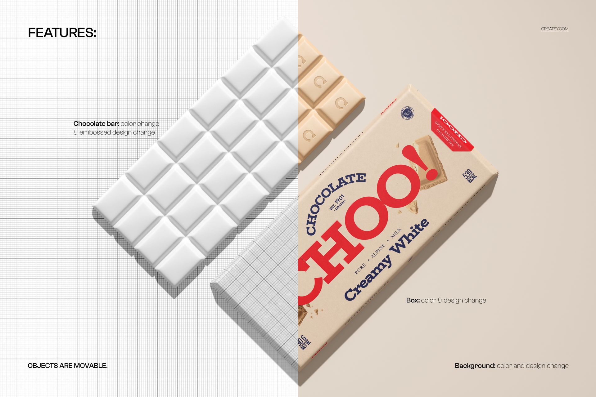 Trapezoidal chocolate bar folding box mockup with creamy white packaging and grid background, top view.