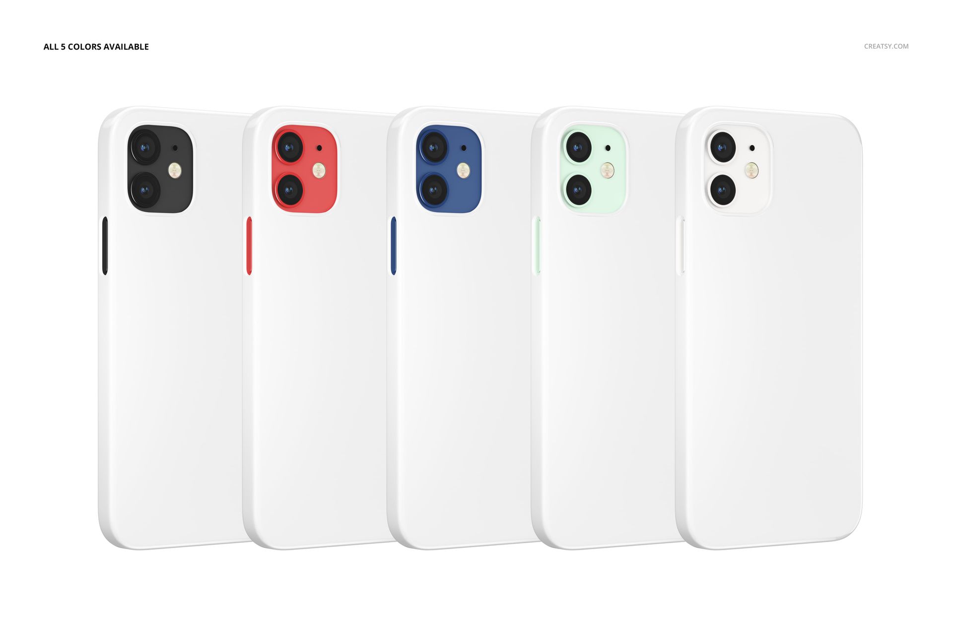 PSD mockup featuring five iPhone 12 snap cases in white, arranged side by side with distinct accent colors.