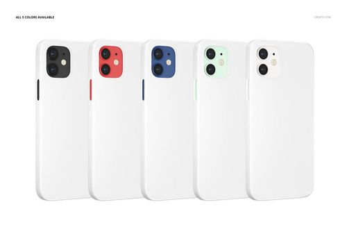 PSD mockup featuring five iPhone 12 snap cases in white, arranged side by side with distinct accent colors.