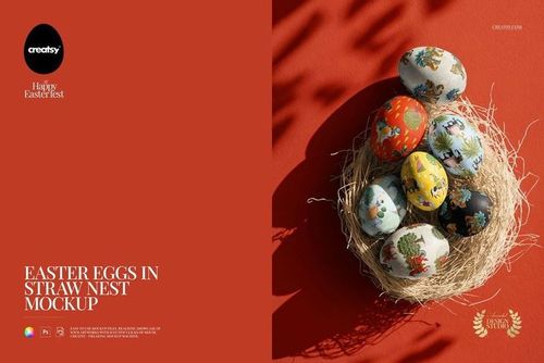 Easter eggs featuring various designs nestled in straw, top perspective mockup on a bright red backdrop.