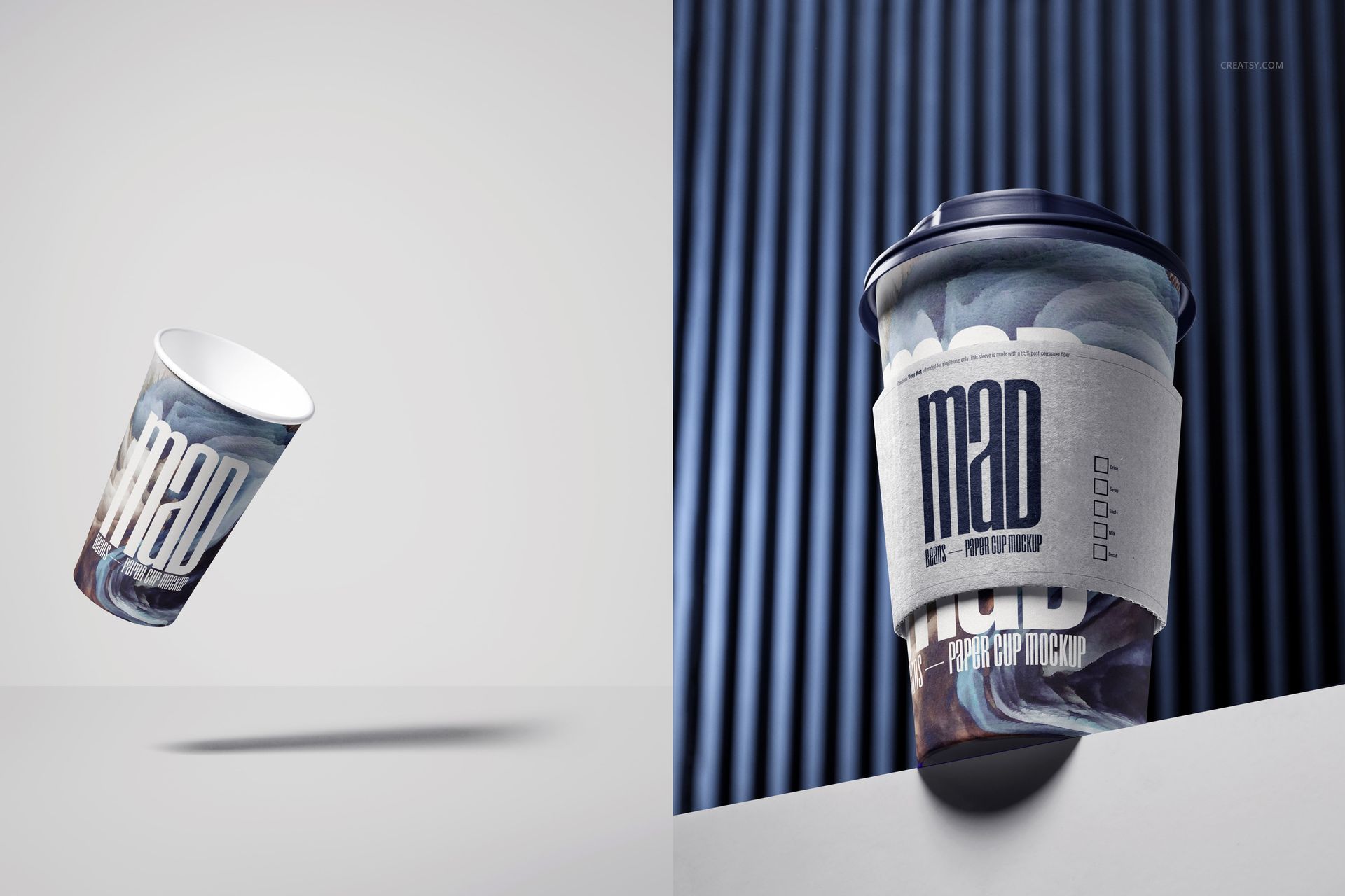 Paper cup mockup featuring a floating cup with abstract design and a close-up of a lidded cup with sleeve on a ledge.