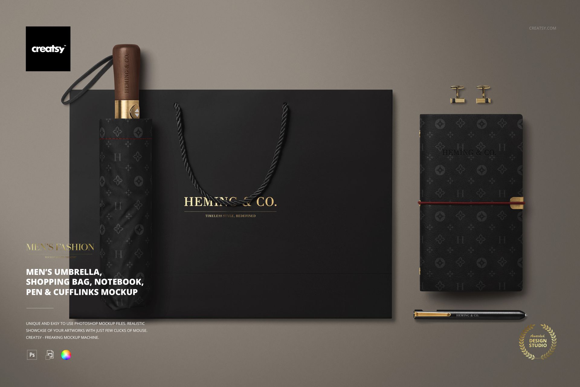 Top view of a black umbrella, shopping bag, notebook, pen, and gold cufflinks displayed together in a mockup scene.
