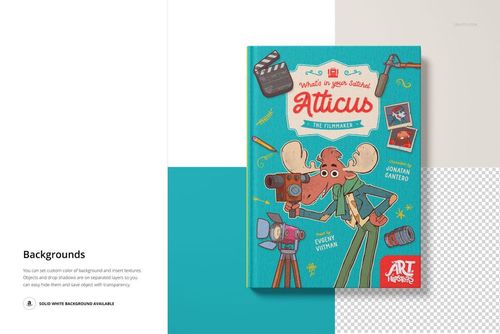 Front view of a hardcover book mockup with a vibrant illustrated cover, placed on a blue and white textured surface.