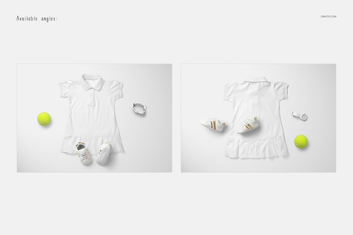 White polo dress mockup displayed from top view with tennis shoes, wristband, and tennis ball on a light background.