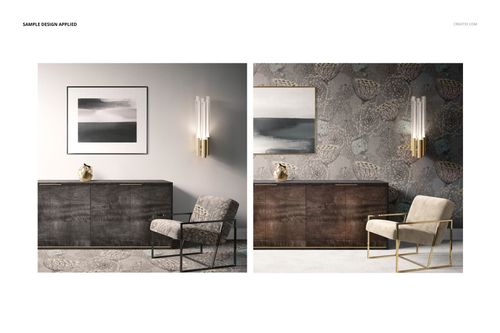 Modern luxury armchair and sideboard mockup shown in a stylish interior, with abstract wall decor and soft lighting.
