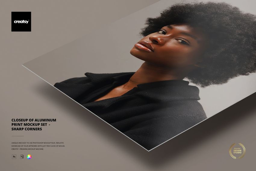 Close-up view of a rectangular aluminum print mockup with sharp corners, featuring a brushed metallic surface.