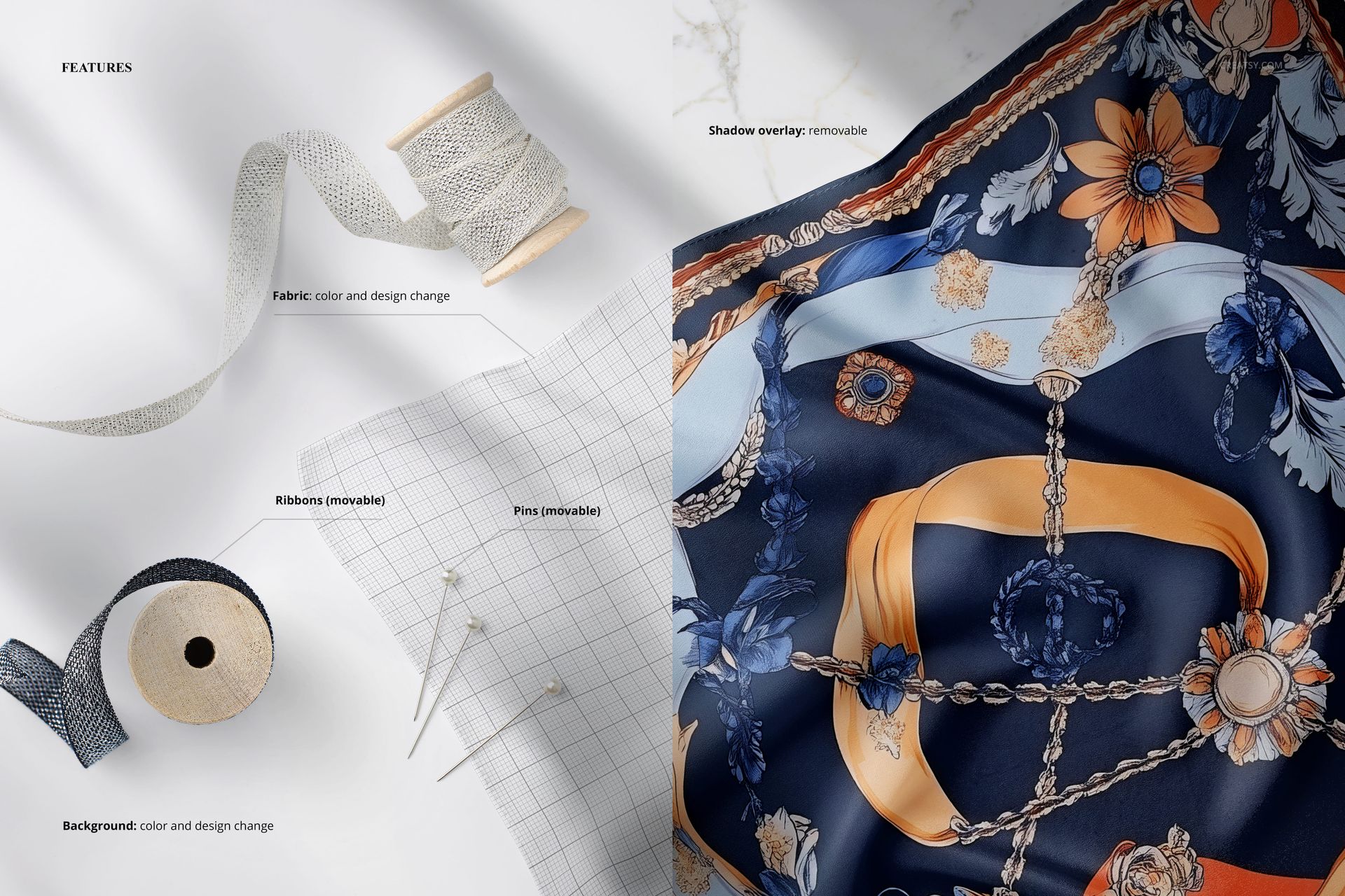 Square silk scarf mockup featuring detailed floral and chain motifs, ribbons, and sewing pins on a light background.