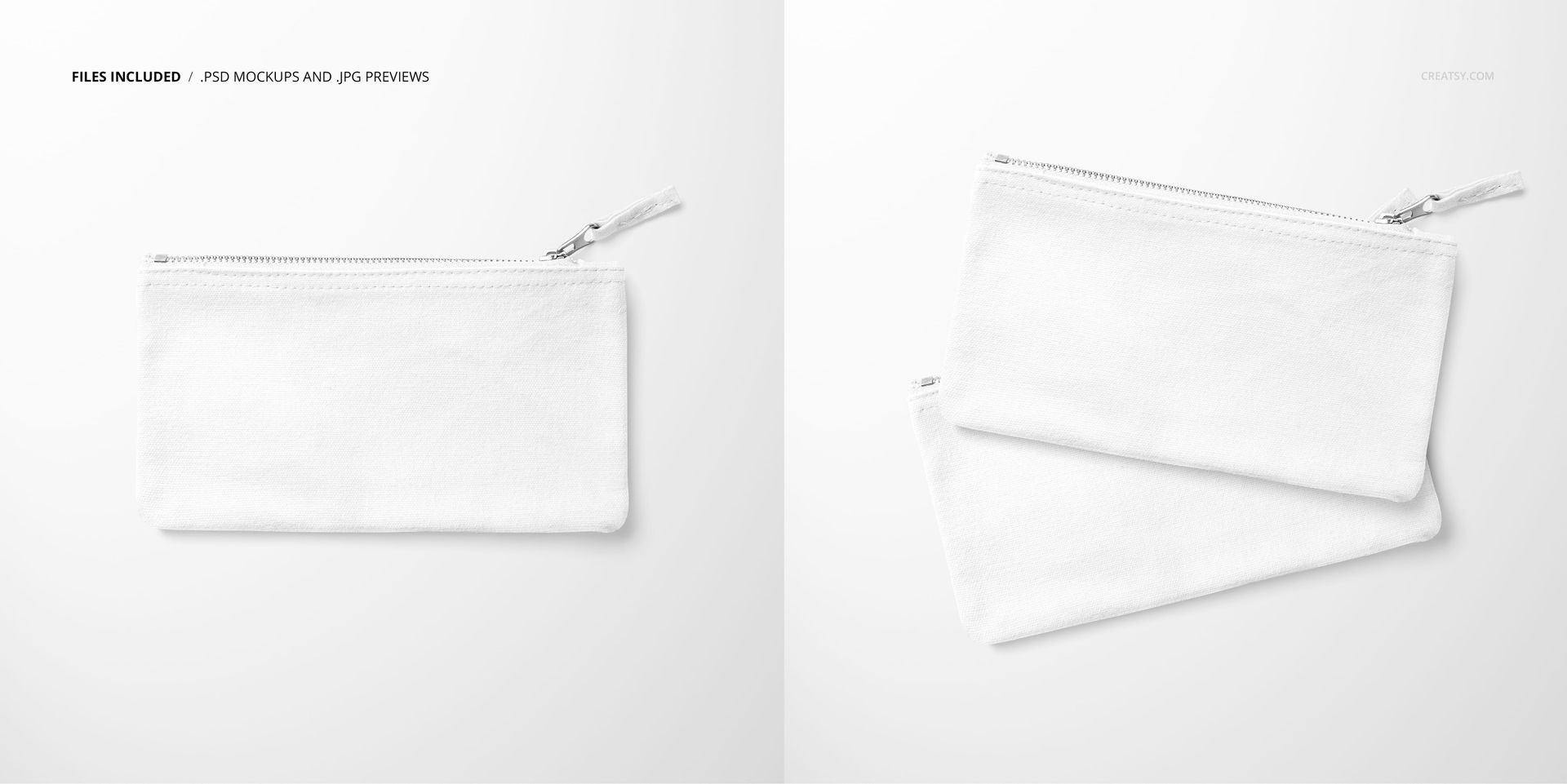 Flat canvas pouch in white fabric shown with a zipper pull, displayed in two views on a light background.
