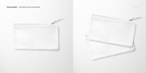 Flat canvas pouch in white fabric shown with a zipper pull, displayed in two views on a light background.
