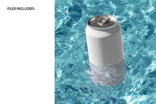 PSD mockup showing a plain drinkware can partially immersed in bright blue water with sunlight and waves.